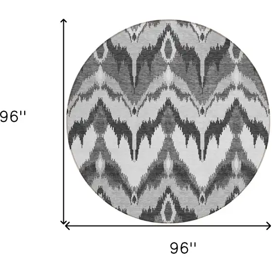 8' Gray Silver And Charcoal Round Ikat Washable Indoor Outdoor Area Rug Photo 8