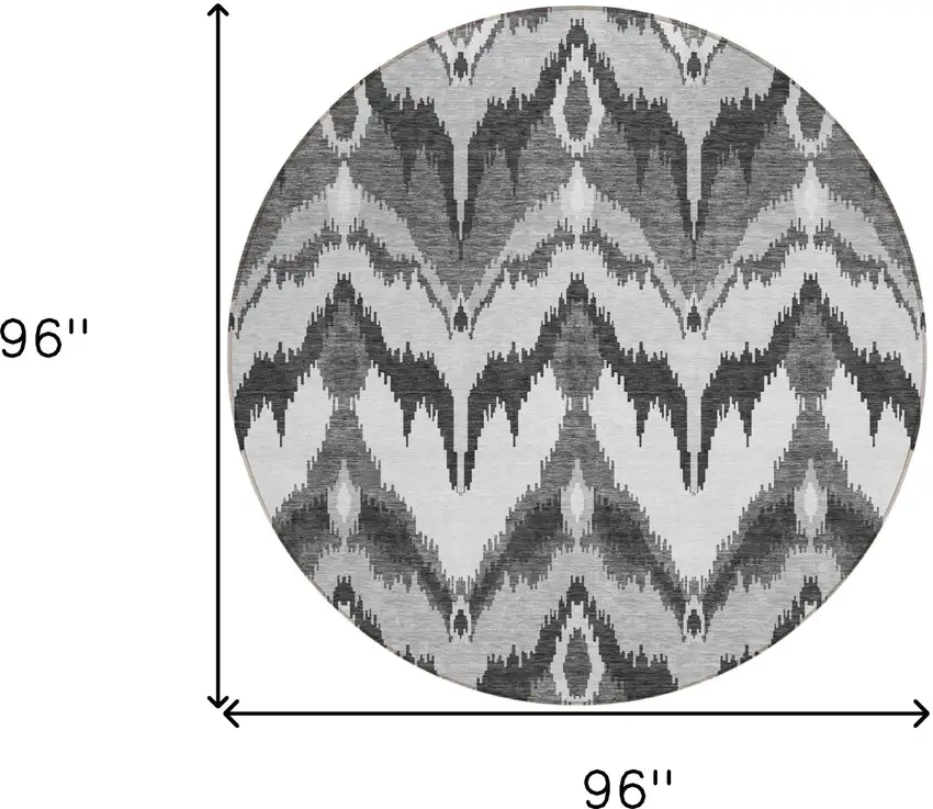 8' Gray Silver And Charcoal Round Ikat Washable Indoor Outdoor Area Rug Photo 8