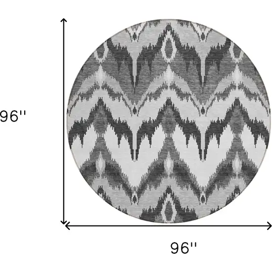 8' Gray Silver And Charcoal Round Ikat Washable Indoor Outdoor Area Rug Photo 8