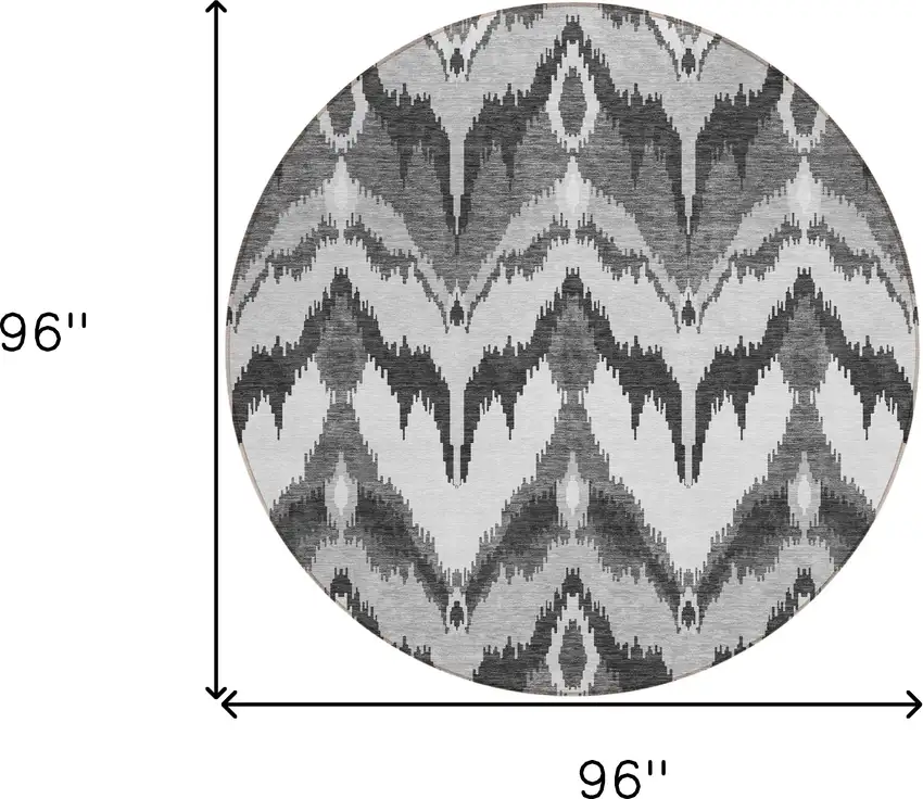 8' Gray Silver And Charcoal Round Ikat Washable Indoor Outdoor Area Rug Photo 8