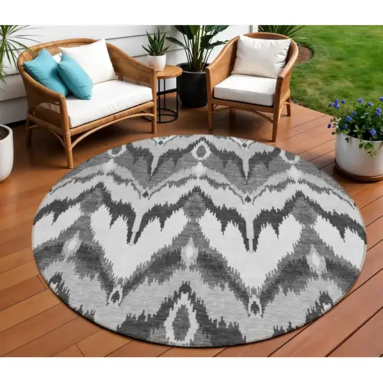 8' Gray Silver And Charcoal Round Ikat Washable Indoor Outdoor Area Rug Photo 1