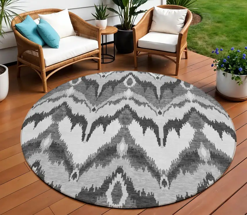 8' Gray Silver And Charcoal Round Ikat Washable Indoor Outdoor Area Rug Photo 1