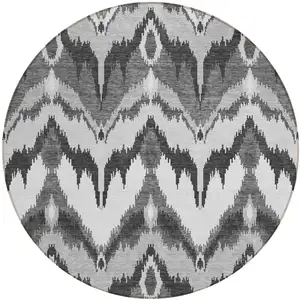 Photo of 8' Gray Silver And Charcoal Round Ikat Washable Indoor Outdoor Area Rug