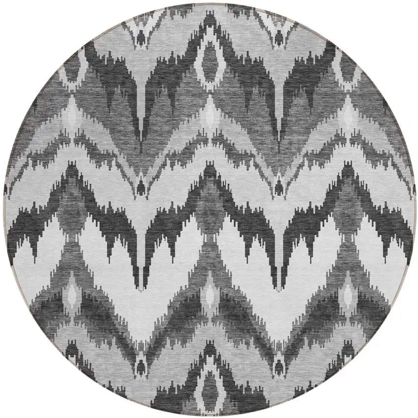 8' Gray Silver And Charcoal Round Ikat Washable Indoor Outdoor Area Rug Photo 1
