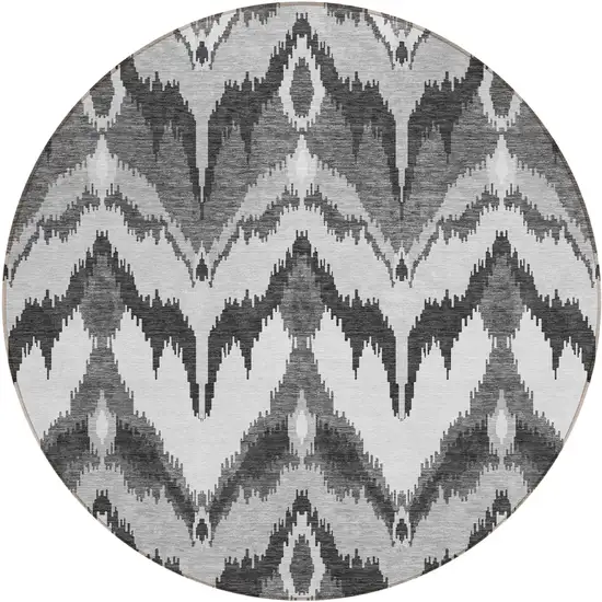 8' Gray Silver And Charcoal Round Ikat Washable Indoor Outdoor Area Rug Photo 1
