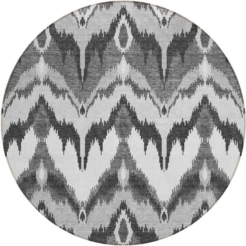 8' Gray Silver And Charcoal Round Ikat Washable Indoor Outdoor Area Rug Photo 1