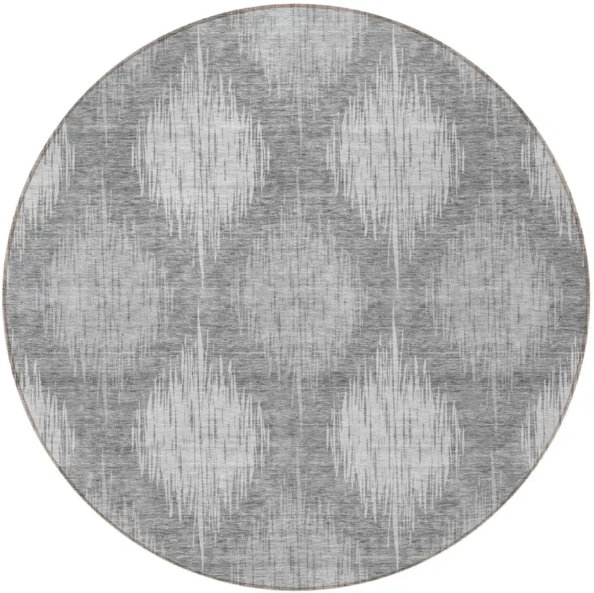 8' Gray Silver And Charcoal Round Ikat Washable Indoor Outdoor Area Rug Photo 5