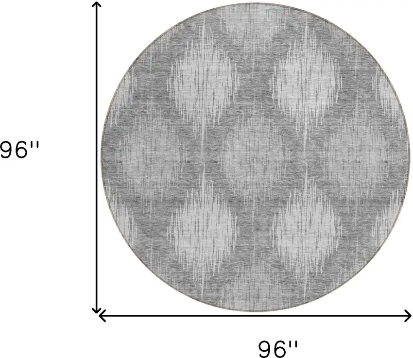 8' Gray Silver And Charcoal Round Ikat Washable Indoor Outdoor Area Rug Photo 3