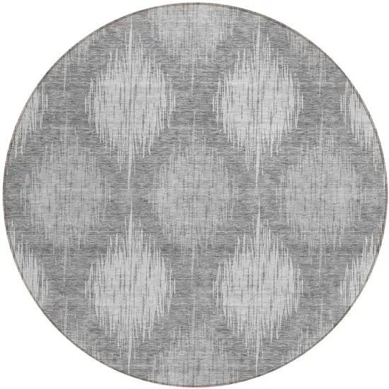 8' Gray Silver And Charcoal Round Ikat Washable Indoor Outdoor Area Rug Photo 2