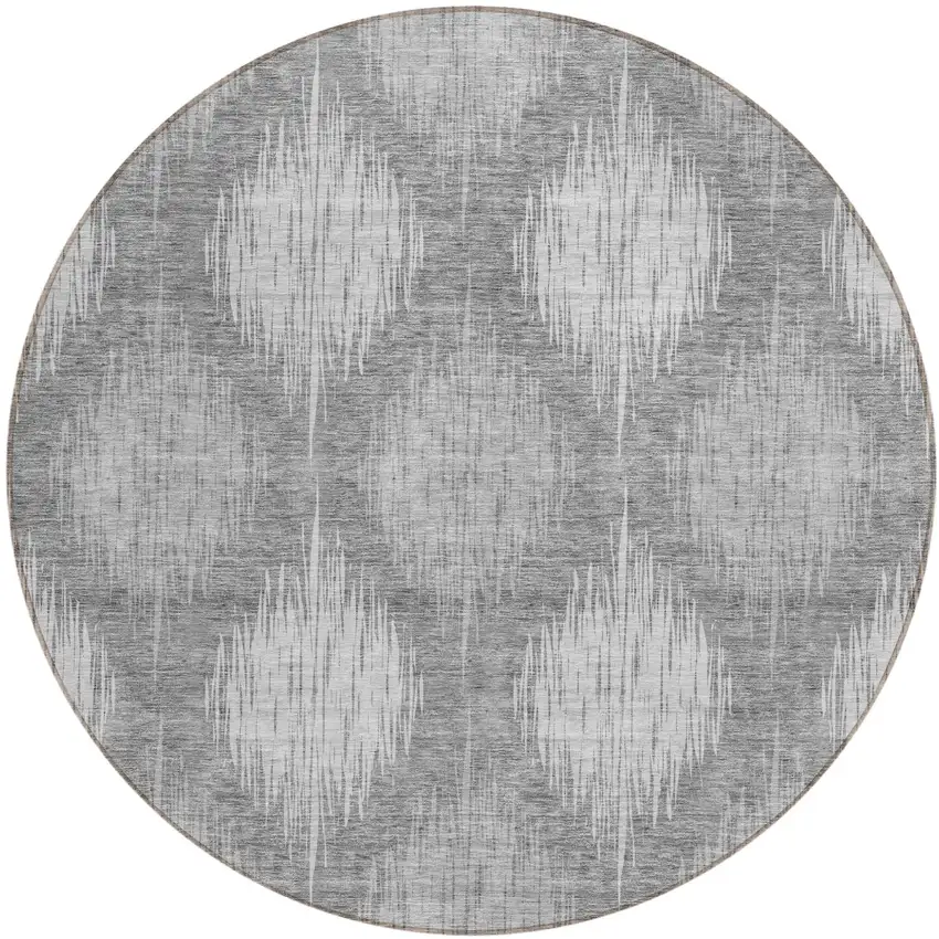 8' Gray Silver And Charcoal Round Ikat Washable Indoor Outdoor Area Rug Photo 2