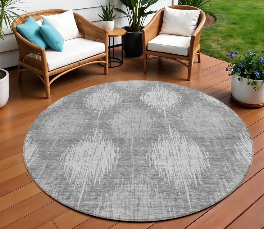8' Gray Silver And Charcoal Round Ikat Washable Indoor Outdoor Area Rug Photo 1