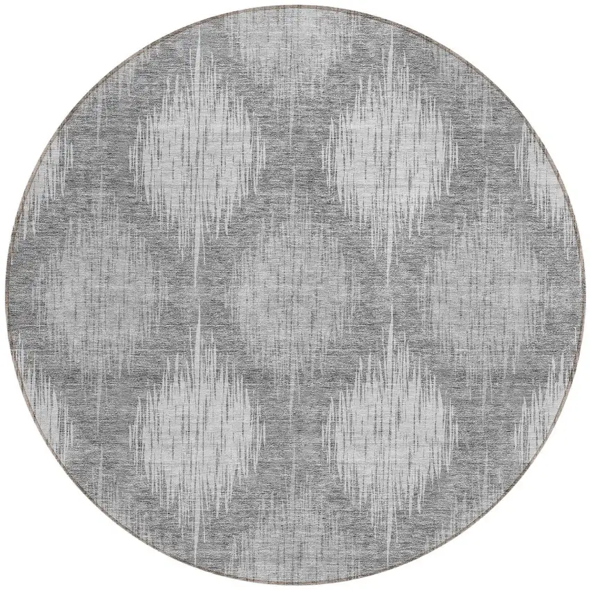 8' Gray Silver And Charcoal Round Ikat Washable Indoor Outdoor Area Rug Photo 4