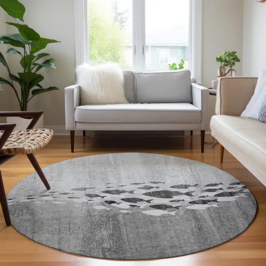 8' Gray Silver And Charcoal Round Nautical Washable Indoor Outdoor Area Rug Photo 6