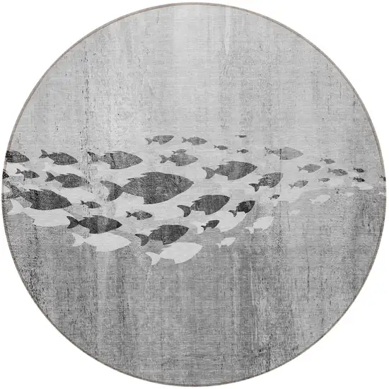 8' Gray Silver And Charcoal Round Nautical Washable Indoor Outdoor Area Rug Photo 4
