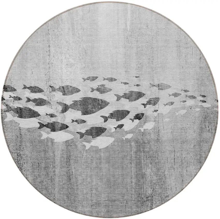 8' Gray Silver And Charcoal Round Nautical Washable Indoor Outdoor Area Rug Photo 4