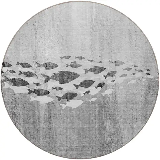 8' Gray Silver And Charcoal Round Nautical Washable Indoor Outdoor Area Rug Photo 4