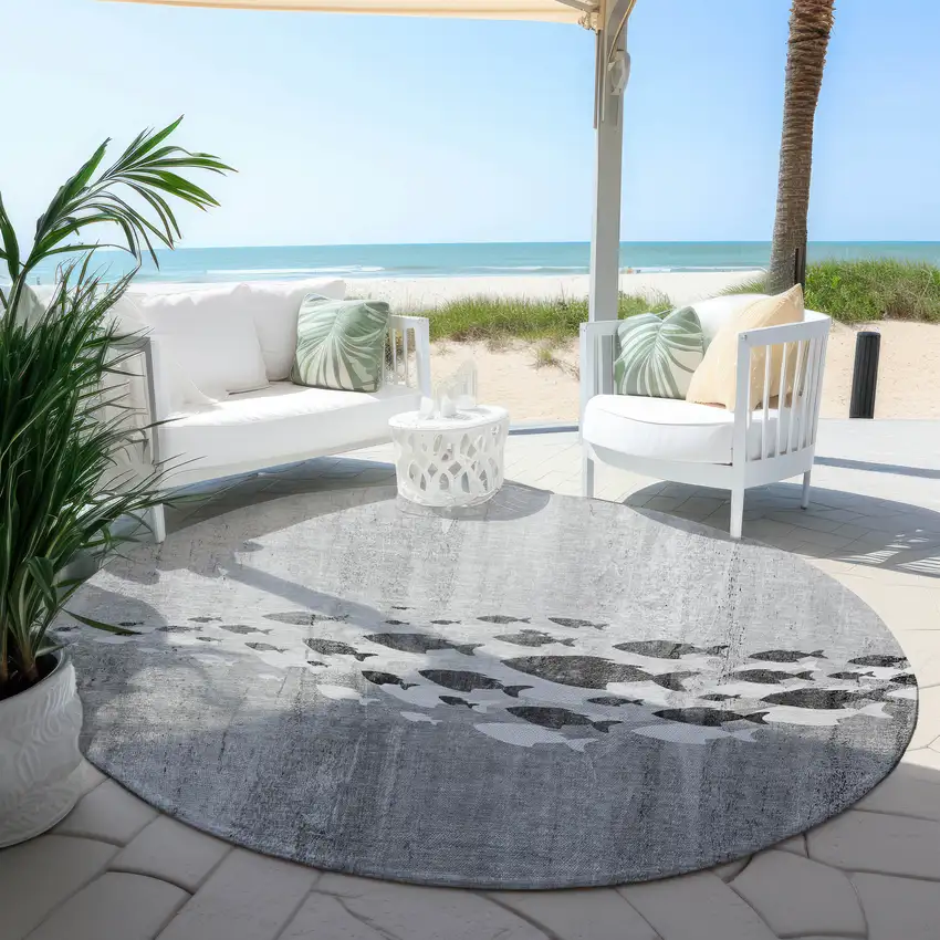 8' Gray Silver And Charcoal Round Nautical Washable Indoor Outdoor Area Rug Photo 5