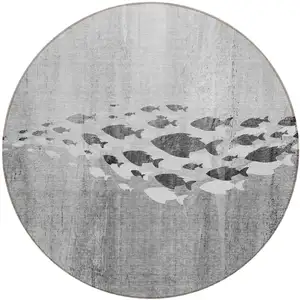 Photo of 8' Gray Silver And Charcoal Round Nautical Washable Indoor Outdoor Area Rug