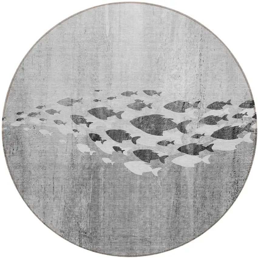 8' Gray Silver And Charcoal Round Nautical Washable Indoor Outdoor Area Rug Photo 1