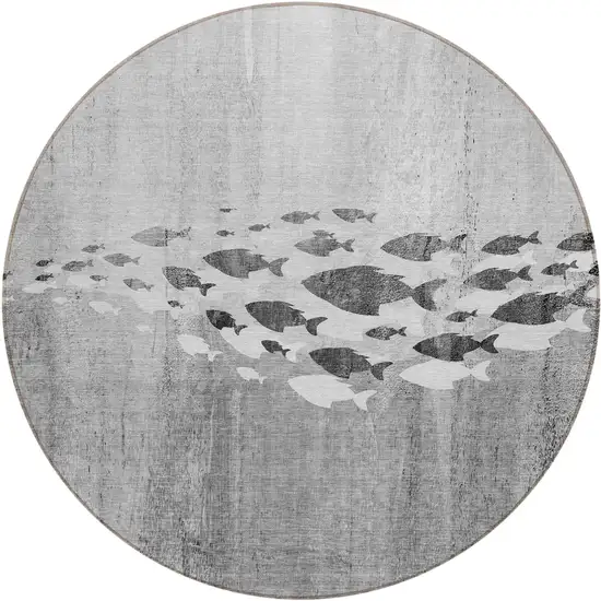8' Gray Silver And Charcoal Round Nautical Washable Indoor Outdoor Area Rug Photo 1