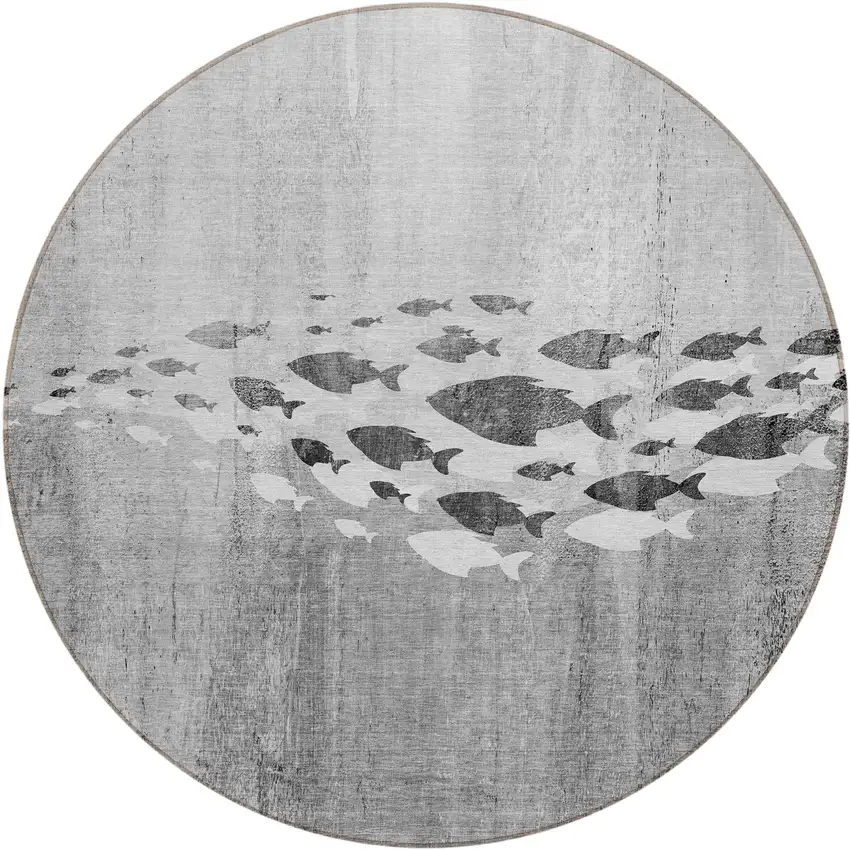 8' Gray Silver And Charcoal Round Nautical Washable Indoor Outdoor Area Rug Photo 1