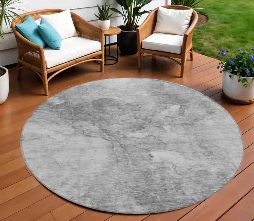 8' Gray Silver And Charcoal Round Nautical Washable Indoor Outdoor Area Rug Photo 1