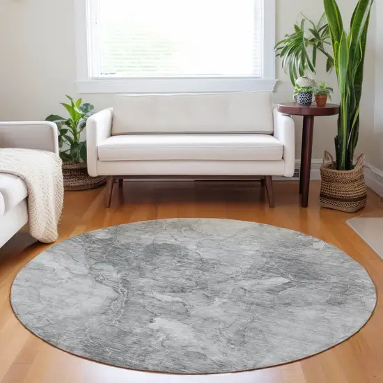 8' Gray Silver And Charcoal Round Nautical Washable Indoor Outdoor Area Rug Photo 7