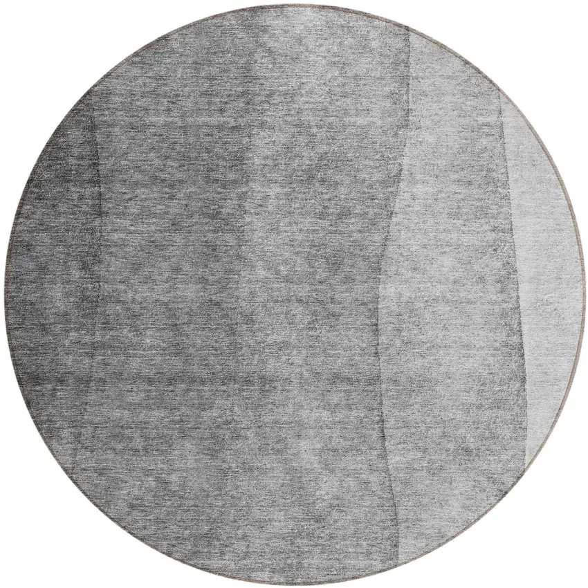 8' Gray Silver And Charcoal Round Ombre Washable Indoor Outdoor Area Rug Photo 1