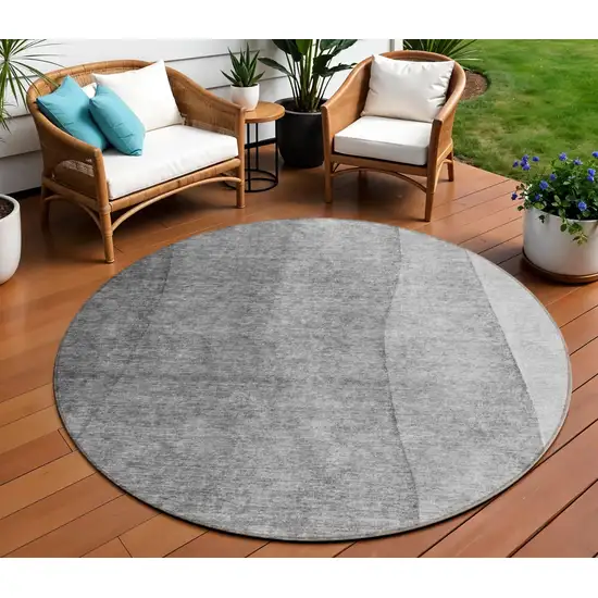 8' Gray Silver And Charcoal Round Ombre Washable Indoor Outdoor Area Rug Photo 1
