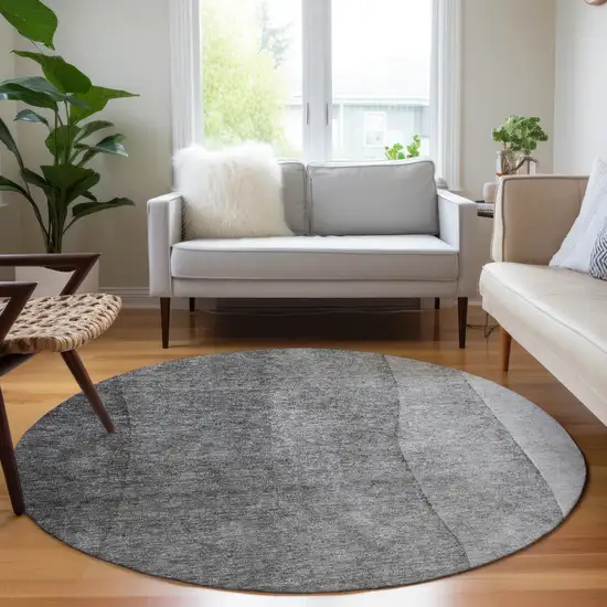 8' Gray Silver And Charcoal Round Ombre Washable Indoor Outdoor Area Rug Photo 6