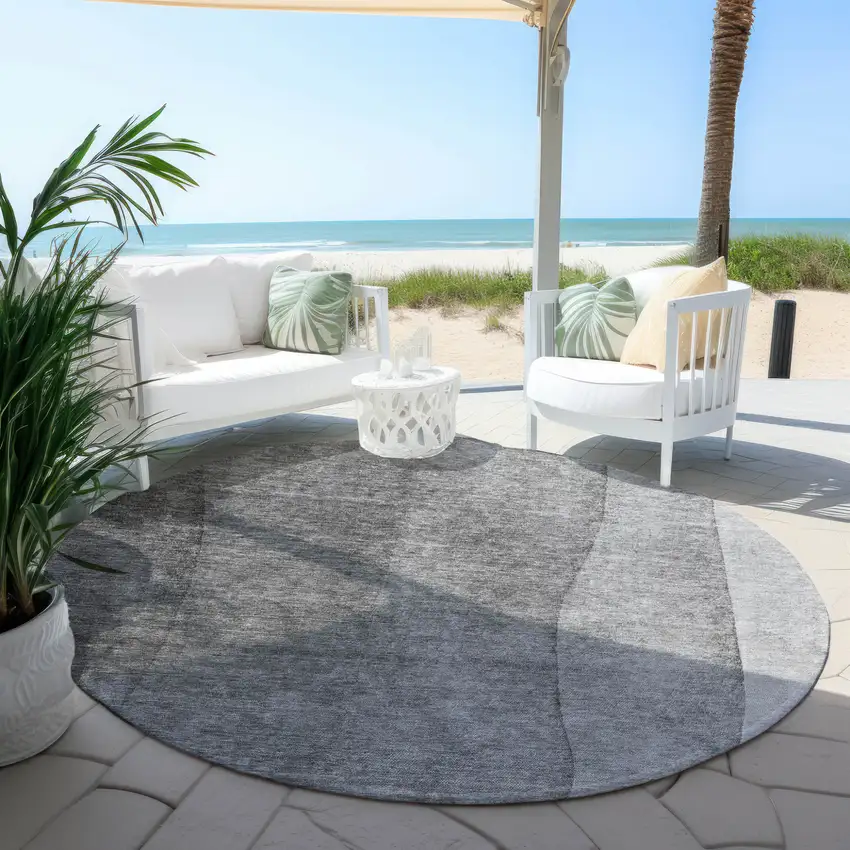 8' Gray Silver And Charcoal Round Ombre Washable Indoor Outdoor Area Rug Photo 5