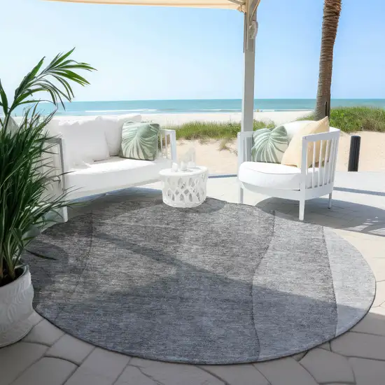 8' Gray Silver And Charcoal Round Ombre Washable Indoor Outdoor Area Rug Photo 5