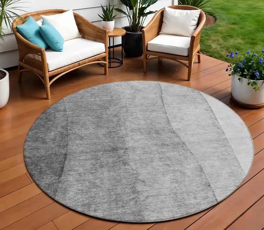 8' Gray Silver And Charcoal Round Ombre Washable Indoor Outdoor Area Rug Photo 1