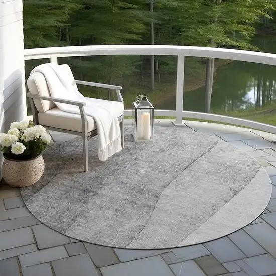 8' Gray Silver And Charcoal Round Ombre Washable Indoor Outdoor Area Rug Photo 6