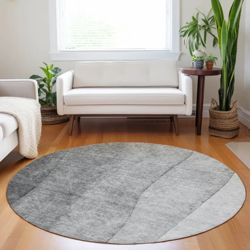 8' Gray Silver And Charcoal Round Ombre Washable Indoor Outdoor Area Rug Photo 7