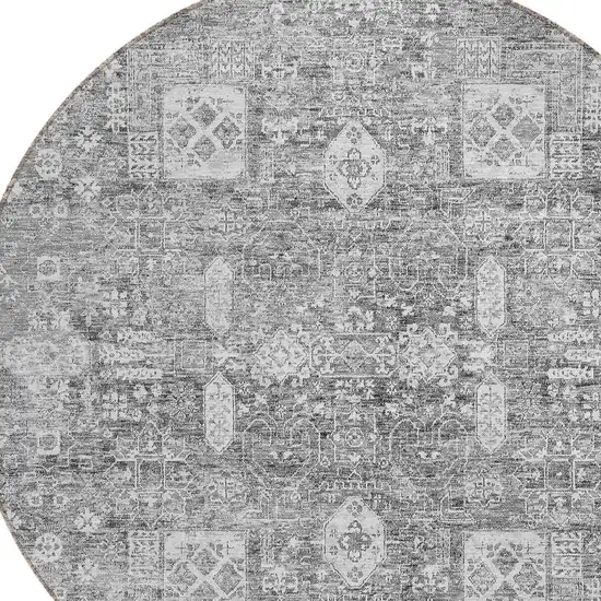 8' Gray Silver And Charcoal Round Oriental Washable Indoor Outdoor Area Rug Photo 5