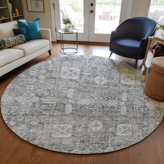 8' Gray Silver And Charcoal Round Oriental Washable Indoor Outdoor Area Rug Photo 8
