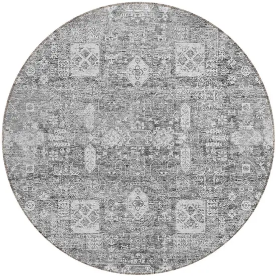 8' Gray Silver And Charcoal Round Oriental Washable Indoor Outdoor Area Rug Photo 6