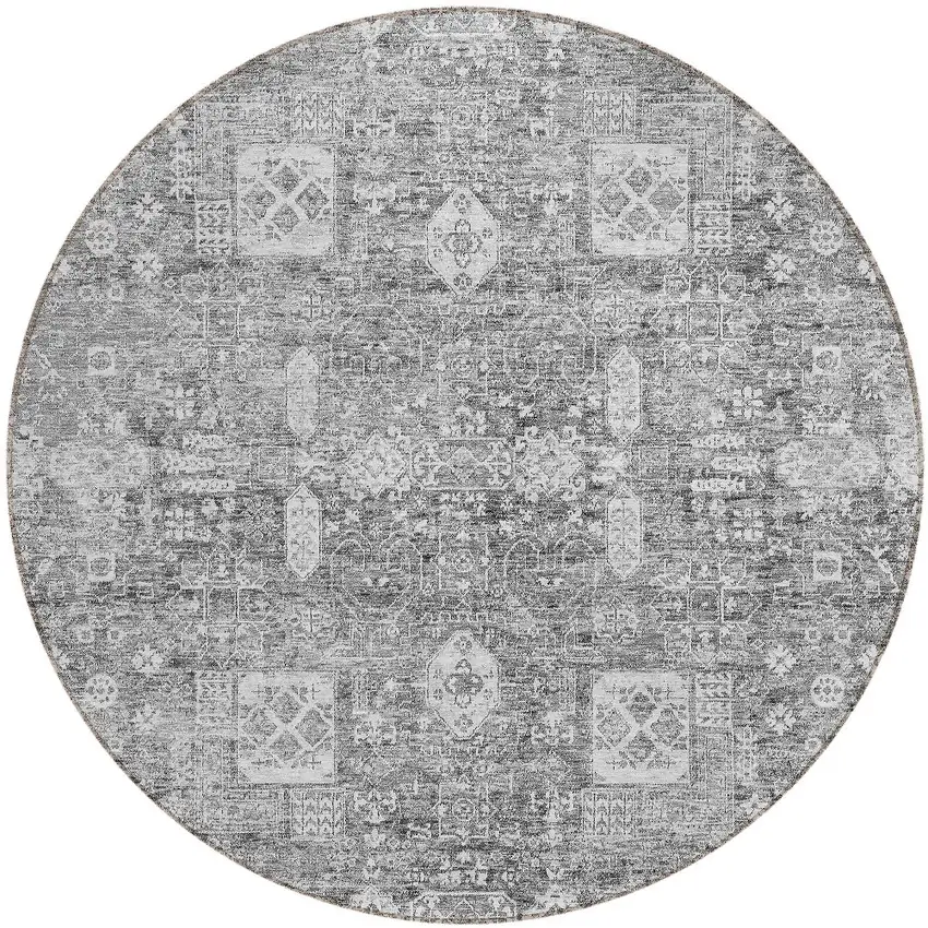 8' Gray Silver And Charcoal Round Oriental Washable Indoor Outdoor Area Rug Photo 6