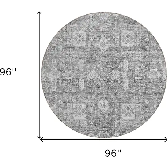 8' Gray Silver And Charcoal Round Oriental Washable Indoor Outdoor Area Rug Photo 9