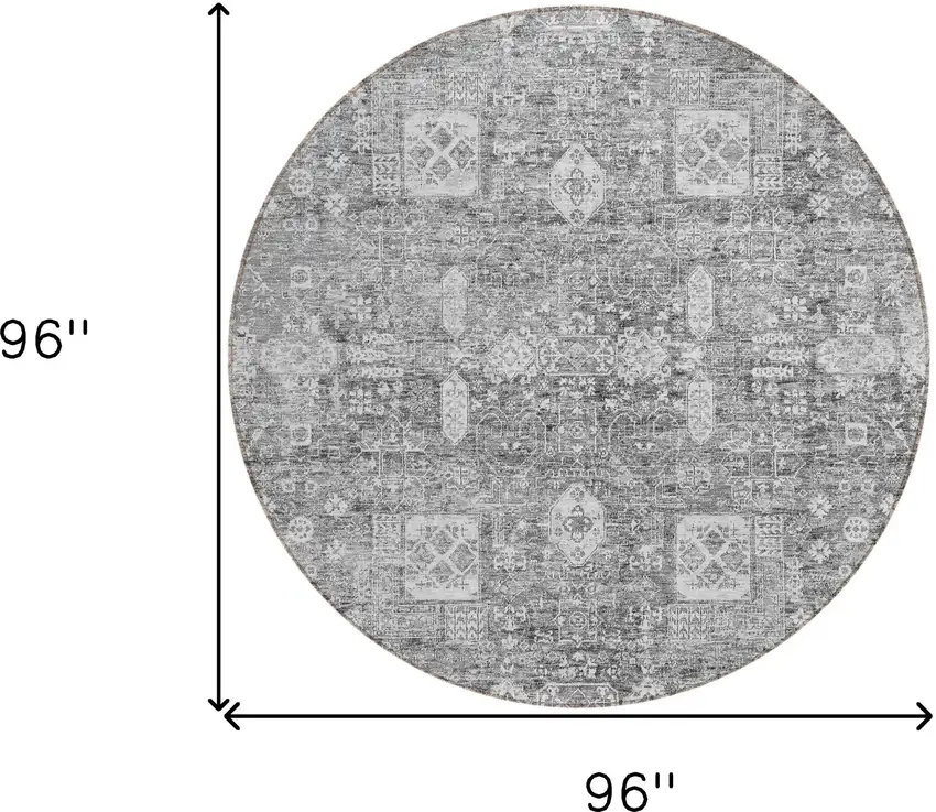 8' Gray Silver And Charcoal Round Oriental Washable Indoor Outdoor Area Rug Photo 9