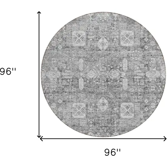 8' Gray Silver And Charcoal Round Oriental Washable Indoor Outdoor Area Rug Photo 9