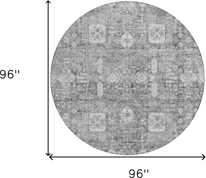 8' Gray Silver And Charcoal Round Oriental Washable Indoor Outdoor Area Rug Photo 9