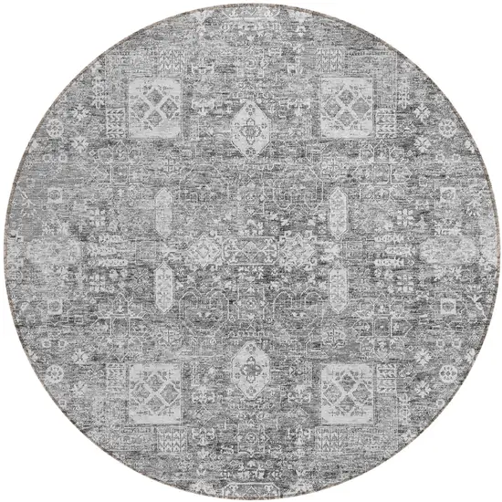 8' Gray Silver And Charcoal Round Oriental Washable Indoor Outdoor Area Rug Photo 1
