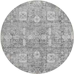 Photo of 8' Gray Silver And Charcoal Round Oriental Washable Indoor Outdoor Area Rug
