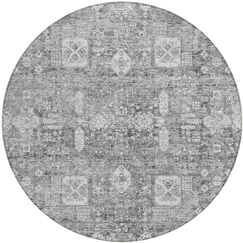 8' Gray Silver And Charcoal Round Oriental Washable Indoor Outdoor Area Rug Photo 1