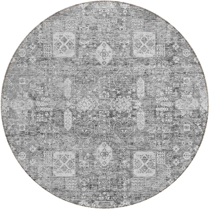 8' Gray Silver And Charcoal Round Oriental Washable Indoor Outdoor Area Rug Photo 1