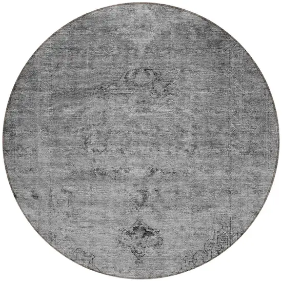 8' Gray Silver And Charcoal Round Oriental Washable Indoor Outdoor Area Rug Photo 6