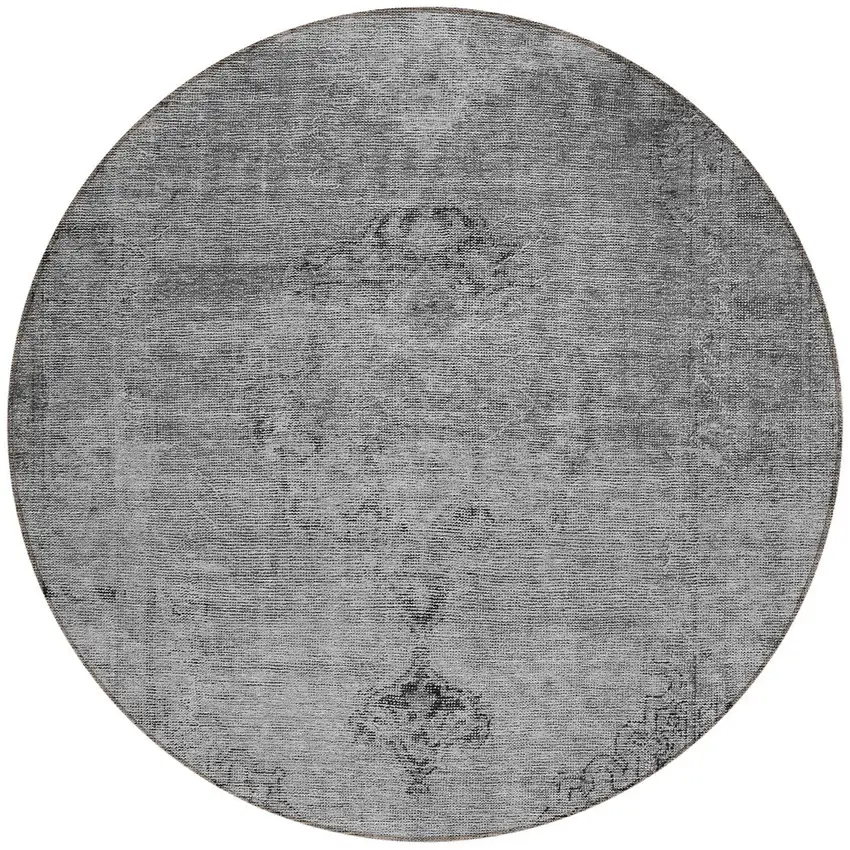8' Gray Silver And Charcoal Round Oriental Washable Indoor Outdoor Area Rug Photo 6
