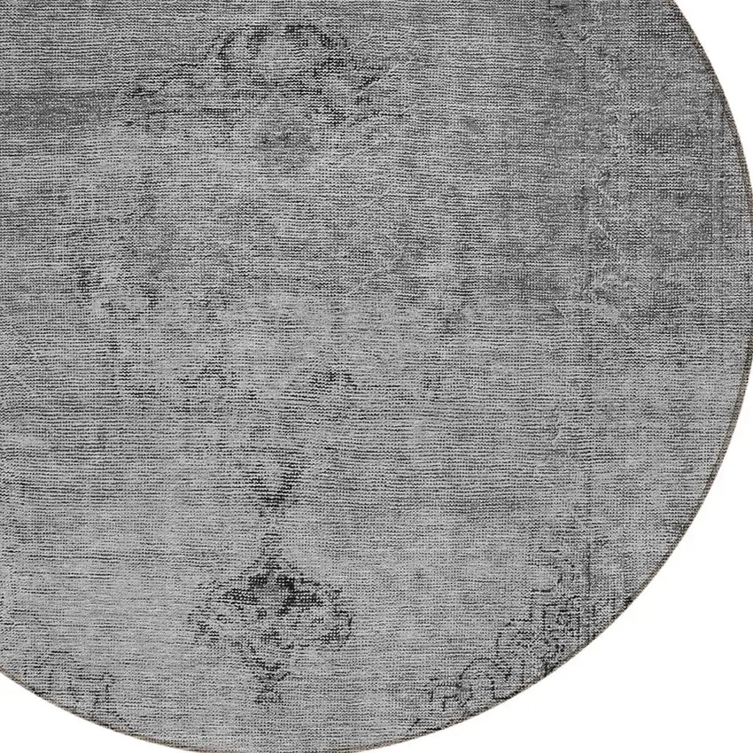 8' Gray Silver And Charcoal Round Oriental Washable Indoor Outdoor Area Rug Photo 5